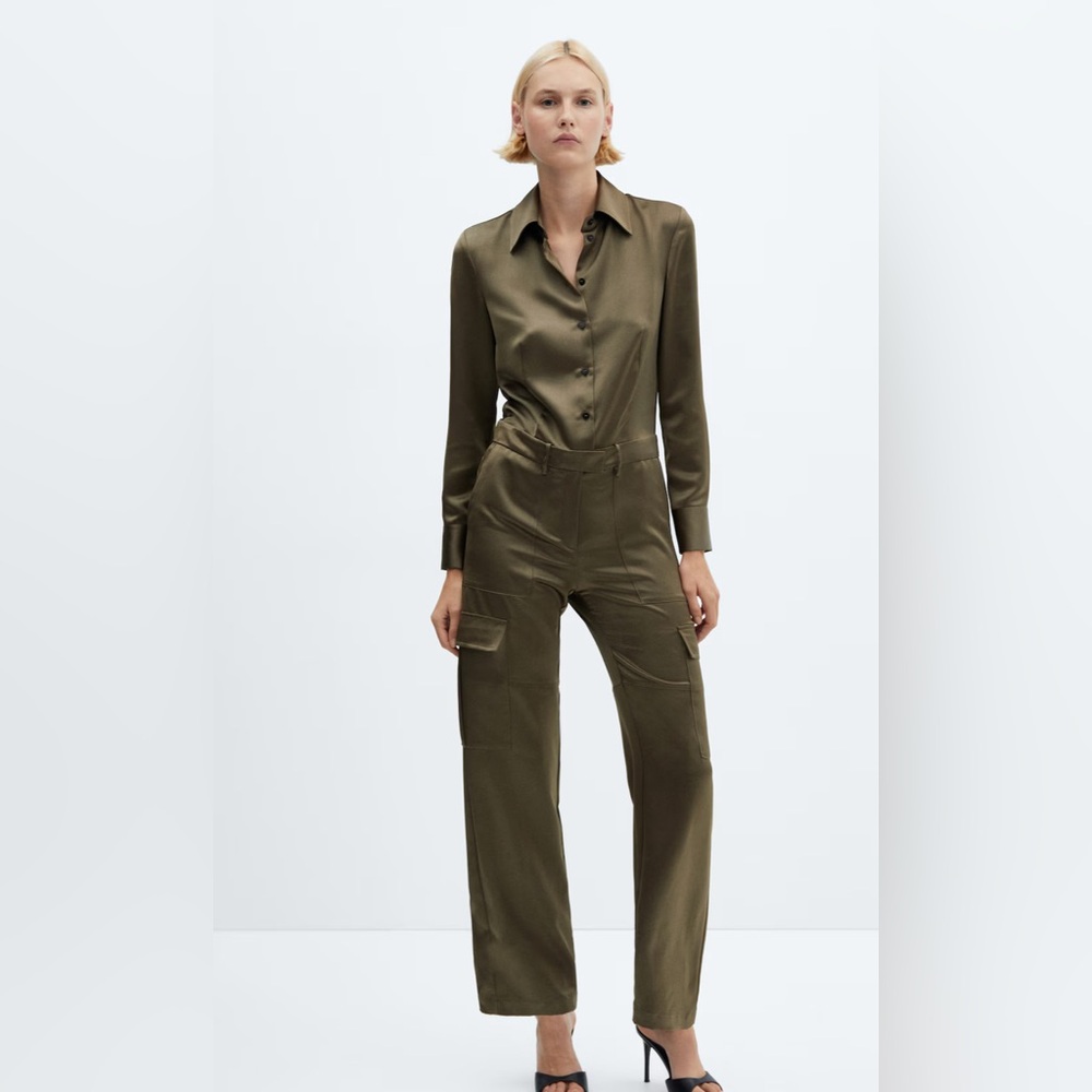 NWT Mango SATIN CARGO JUMPSUIT Khaki size small